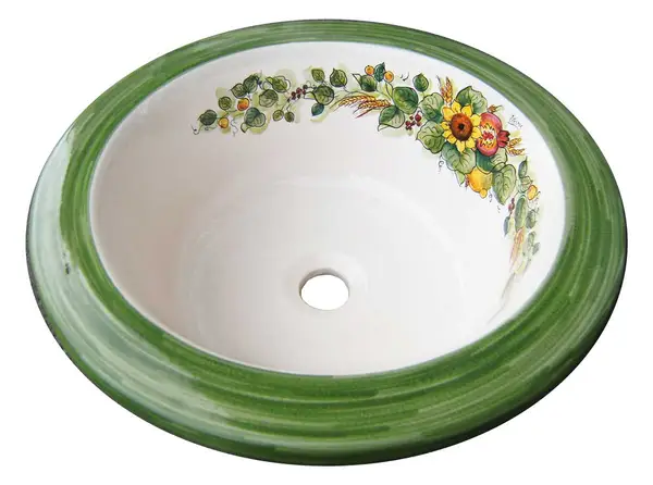hand-decorated ceramic sink with green rim