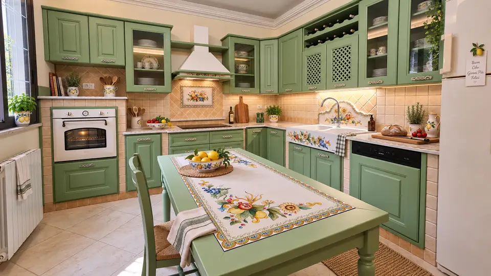 Siracusa sage green masonry-style kitchen Full view of the Siracusa sage green corner kitchen with a decorated sink and matching table