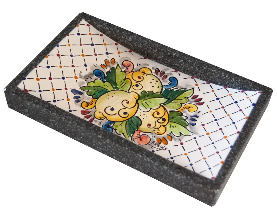 Hand-decorated lava stone change tray with lemon decoration