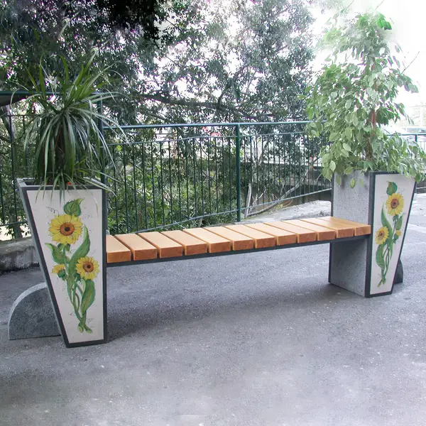 Bench with wooden seat and side planters in hand-decorated lava stone.