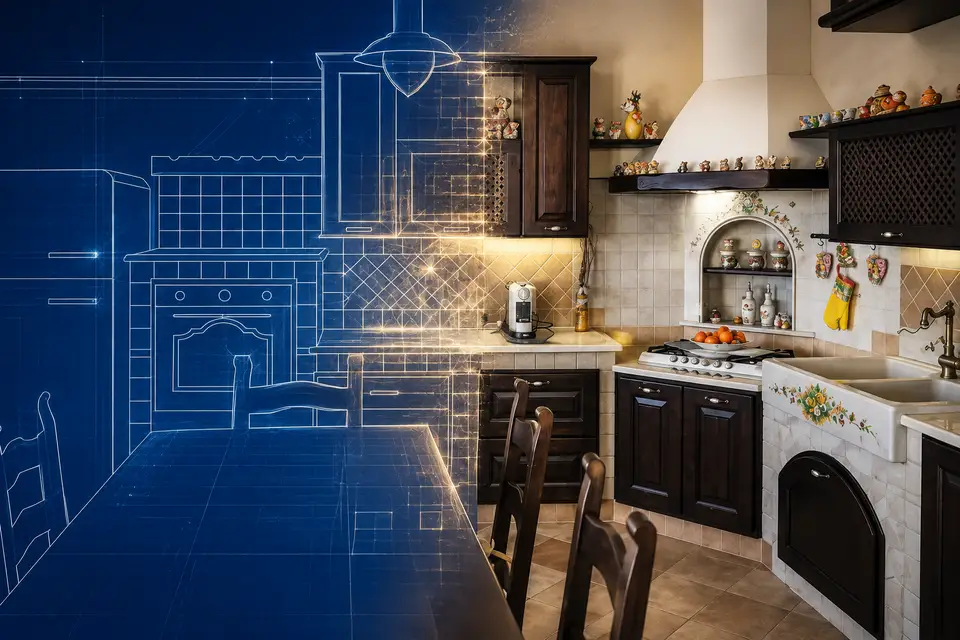 Technical design transforming into a completed Artesole masonry-style kitchen