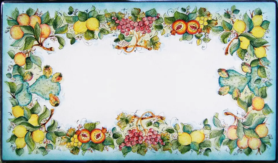 Rectangular lava stone table, hand-decorated with lemons, pomegranates, red and yellow grapes, oranges and prickly pears