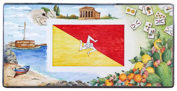 Trinacria table with Messina, Agrigento, oranges, lemons and Sicilian map motifs