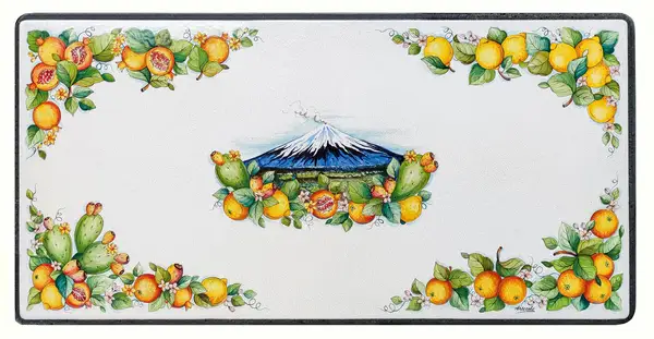 Lava stone table with Etna decor of lemon, oranges, pomegranate and prickly pears