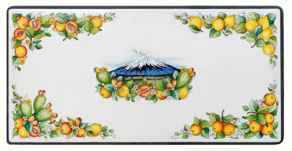 Lava stone table with Etna decor of lemon, oranges, pomegranate and prickly pears
