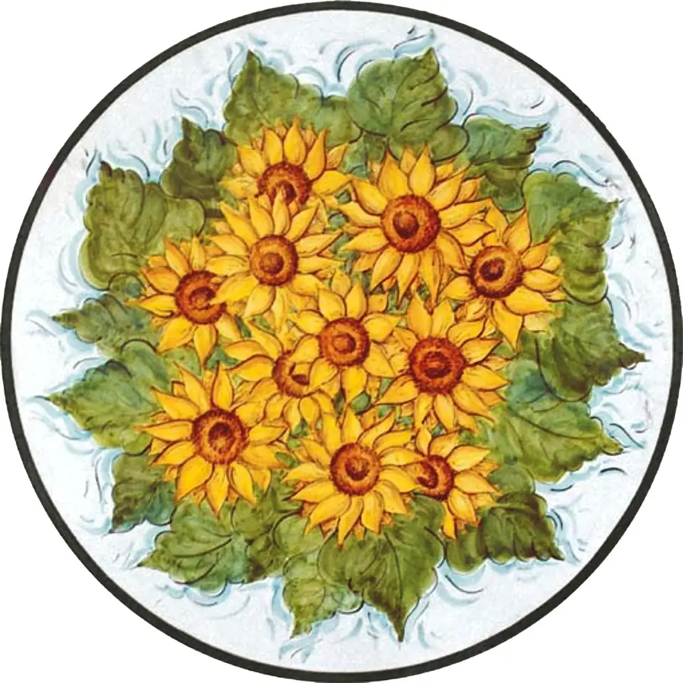 Round lava stone tabletop with a large bouquet of yellow sunflowers and green leaves on a white background