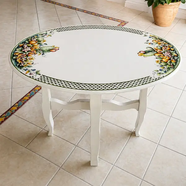 Oval living room side table with a wooden base and a hand-decorated lava stone top