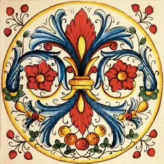 Decorated tile with red flowers and blue scrolls in a round medallion outlined in yellow on a cream background