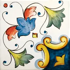 Decorated tile with a blue flower with red petals, green leaves and yellow scrolls on white with a blue corner
