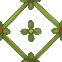 Decorated tile with a green diamond frame, a green flower with a yellow centre and corner flowers with red centres on white