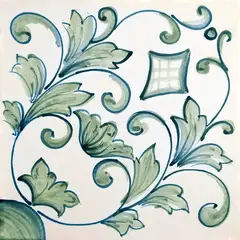 Decorated tile with green acanthus leaves and fine scrolls with a small lattice square on a light background