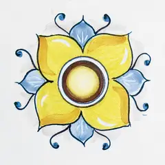 Decorated tile with a four-petalled yellow flower, shaded circular centre and outer pale blue petals on white
