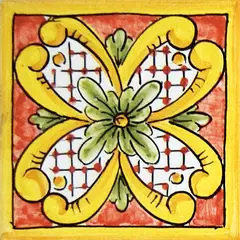 Decorated tile with a central green flower, yellow scrolls and white sections with a red lattice on red with a yellow border