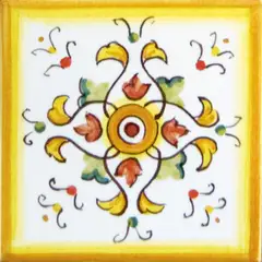 Decorated tile with a green rosette with red petals, small yellow and red ornaments and a yellow frame on a light background