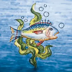 Decorated tile with a yellow and blue fish arranged horizontally, green seaweed and bubbles on a pale blue background