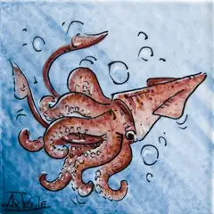 Decorated tile with a pink squid with a diagonal body, curling tentacles and bubbles on a pale blue background