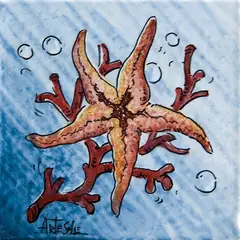 Decorated tile with an orange starfish in front of a red coral branch, with bubbles on a pale blue background