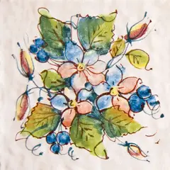 Decorated tile with pink and blue flowers, small clusters of blue berries, buds and green leaves on a light background