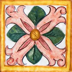 Decorated tile with four large pink leaves and four green leaves around a yellow centre, with an ochre frame on white