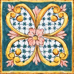 Decorated tile with a central pink flower, yellow scrolls and white sections with a green lattice, a green frame and a yellow border