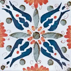 Decorated tile with stylised blue leaves, red petals and grey-green leaves in a symmetrical motif on white