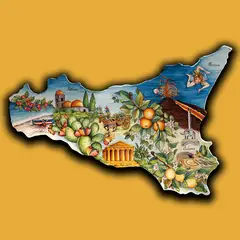 Decorated tile with an illustrated map of Sicily with citrus fruit, prickly pears, monuments and landscapes on an ochre background