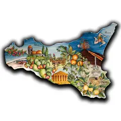 Decorated tile with an illustrated map of Sicily with citrus fruit, prickly pears, monuments and landscapes on a white background