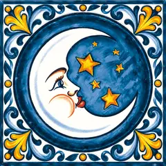 Decorated tile with a white moon with a face and yellow stars in a blue medallion, surrounded by blue and yellow floral scrolls