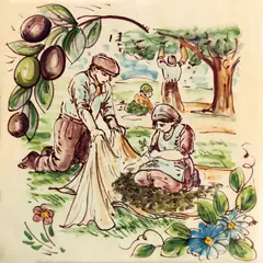 Azulejo decorado con una escena de cosecha de aceitunas con figuras, un olivo, ramas cargadas de aceitunas y flores azules sobre fondo claro
