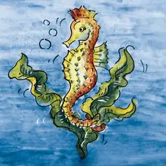 Azulejo decorado con un caballito de mar amarillo y naranja dispuesto verticalmente, con algas verdes y burbujas sobre fondo celeste
