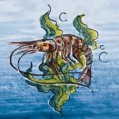 Azulejo decorado con una gamba de franjas marrones y claras dispuesta horizontalmente, con largas antenas, algas verdes y burbujas sobre fondo celeste