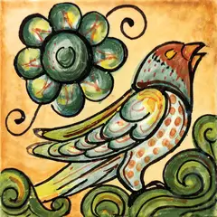Carreau décoré avec un oiseau multicolore près d'une grande fleur verte, avec des volutes vertes et noires sur fond ocre