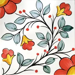 Carreau décoré avec des fleurs rouges et jaunes, des feuilles gris-vert et de petits points rouges reliés par des branches noires sur fond blanc