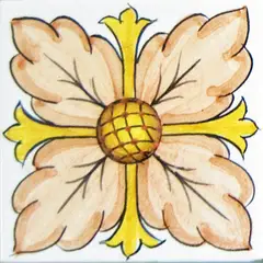 Carreau décoré avec quatre grandes feuilles beiges autour d'un centre jaune quadrillé et des pointes jaunes sur fond blanc