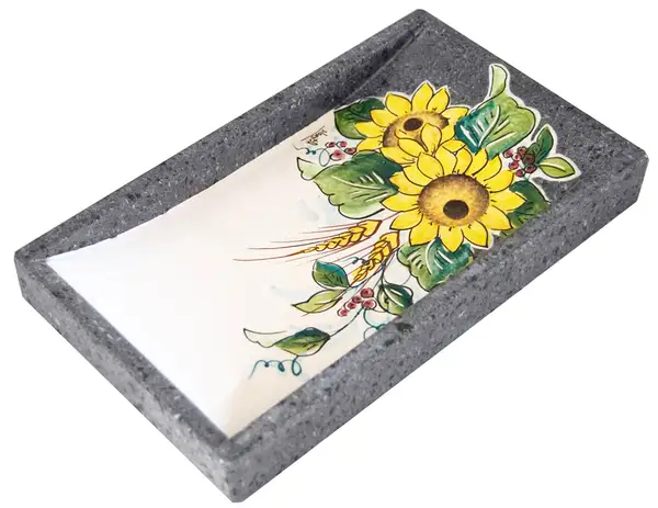 Vide-poche en pierre de lave avec decor tournesols peint a la main