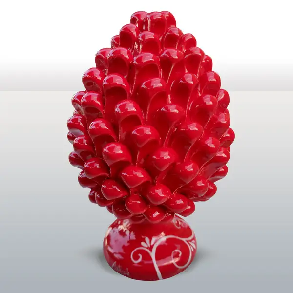 Pomme de pin en ceramique decoree a la main rouge avec base decoree