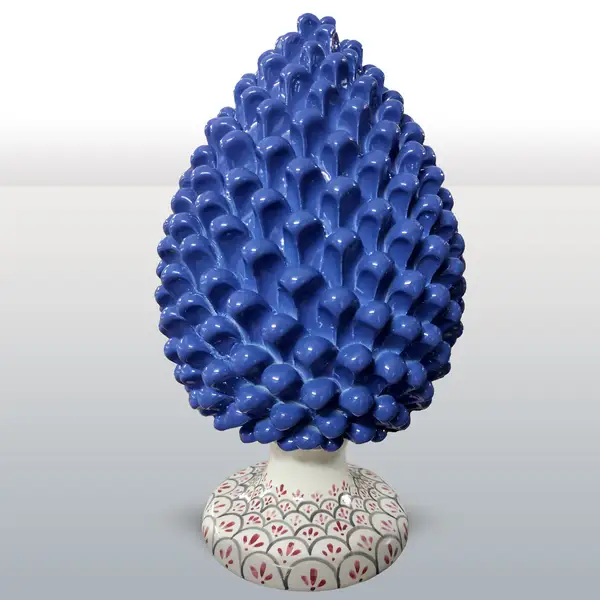 Pomme de pin en ceramique decoree a la main bleue avec base decoree
