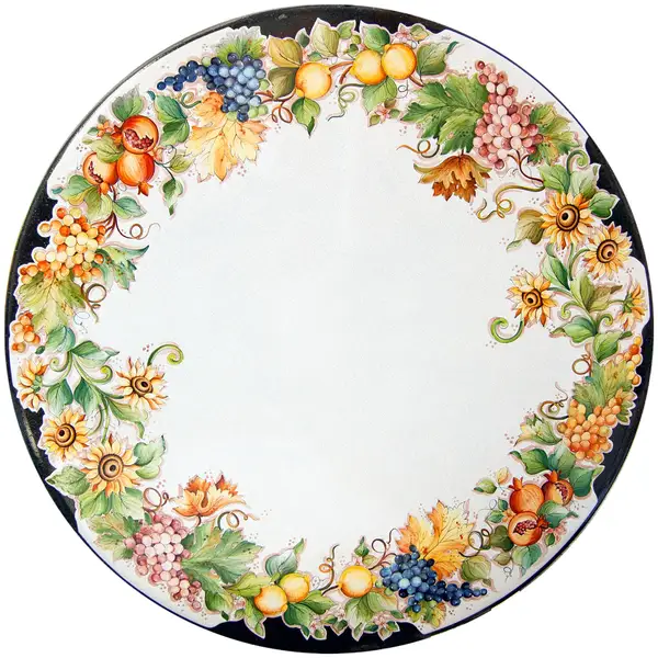 table en pierre de lave ronde avec decor de style Deruta