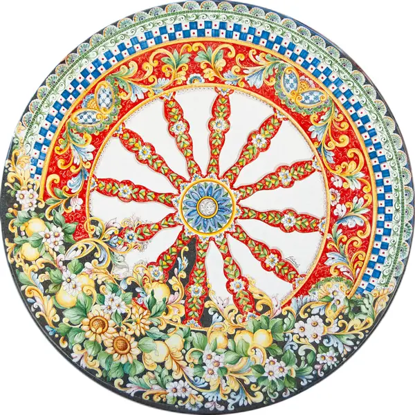 table en pierre de lave peinte a la main avec decoration roue de charrette avec tournesols et citrons