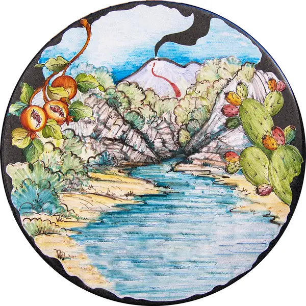 table en pierre de lave peinte a la main. Peinture Gorges de l'Alcantara