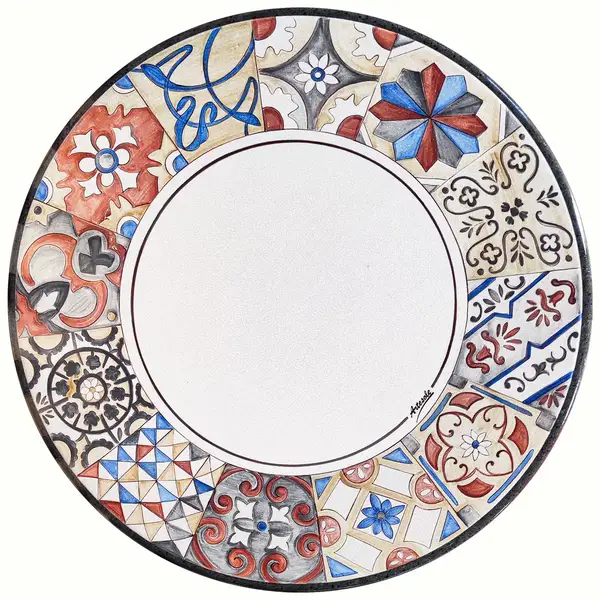 table en pierre de lave ronde avec decoration medieval