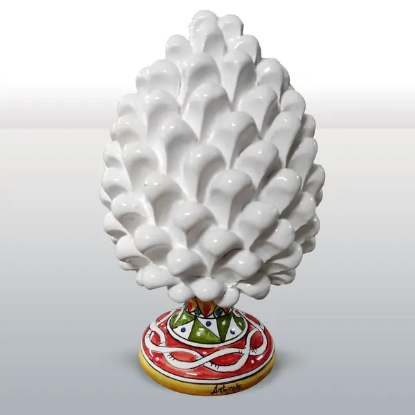 Hand-decorated ceramic pine cone white with decorated base