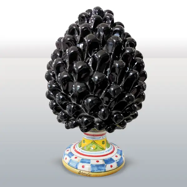 Hand-decorated ceramic pine cone black with decorated base