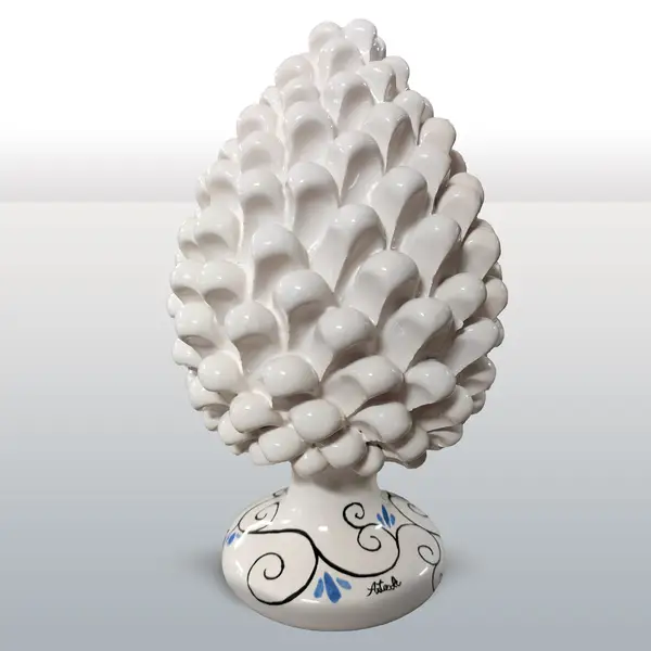 Hand-decorated ceramic pine cone decorated white