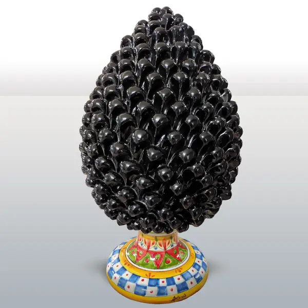 Hand-decorated ceramic pine cone black with decorated base