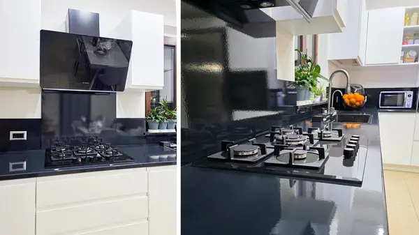 Trento kitchen: two views of the gas cooking area on the black lava stone countertop