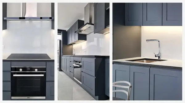 Via Emilia kitchen: linear layout Via Emilia modern modular kitchen with gray cabinet doors and a sink beside the window