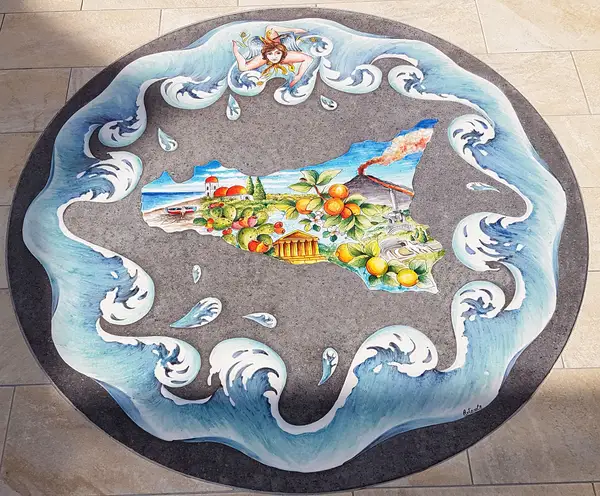 Hand-decorated lava stone or terracotta flooring