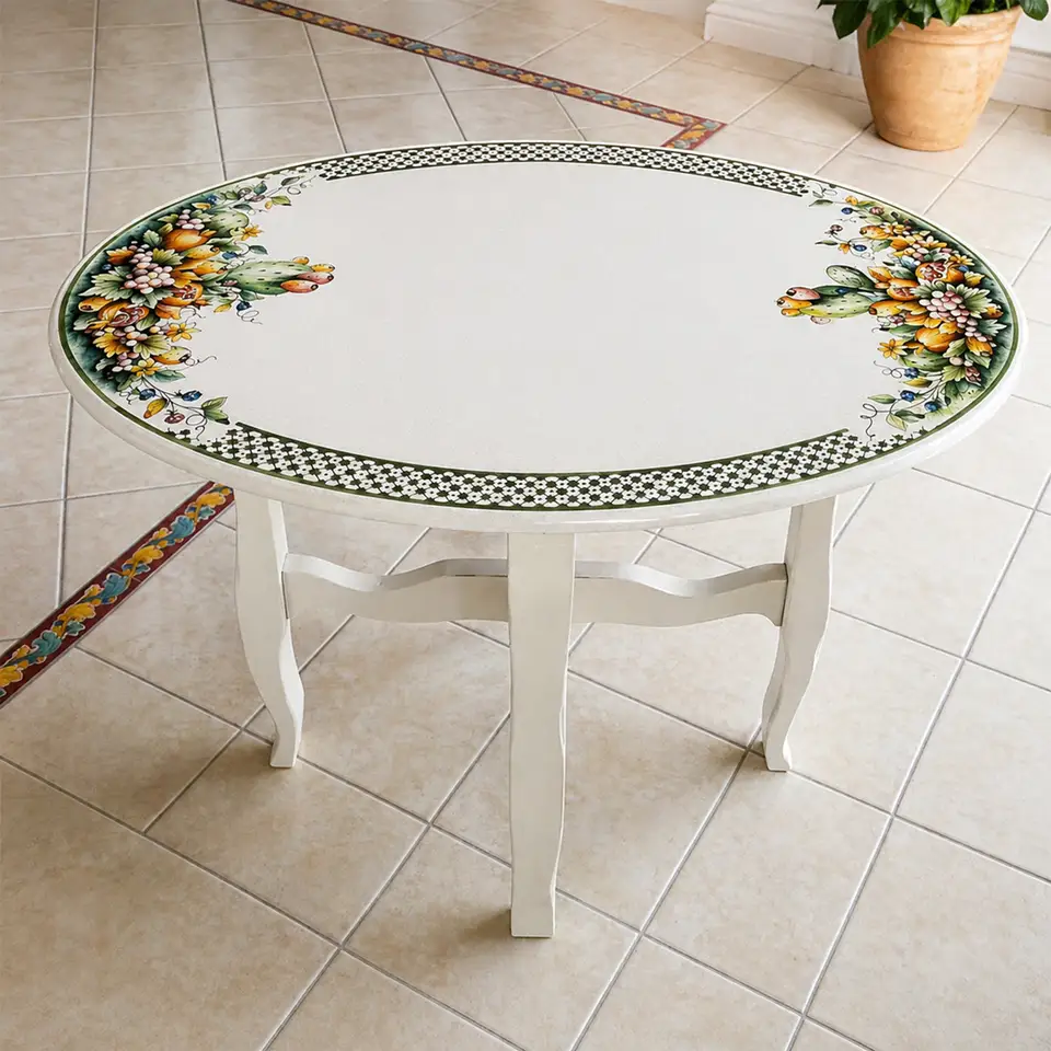 Oval living room side table with a wooden base and a hand-decorated lava stone top