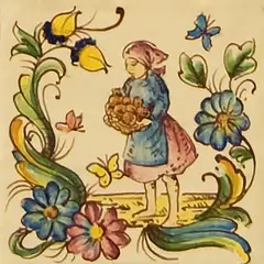 Decorated tile with a figure holding a fruit basket, surrounded by blue and pink flowers, green leaves and butterflies on a cream background